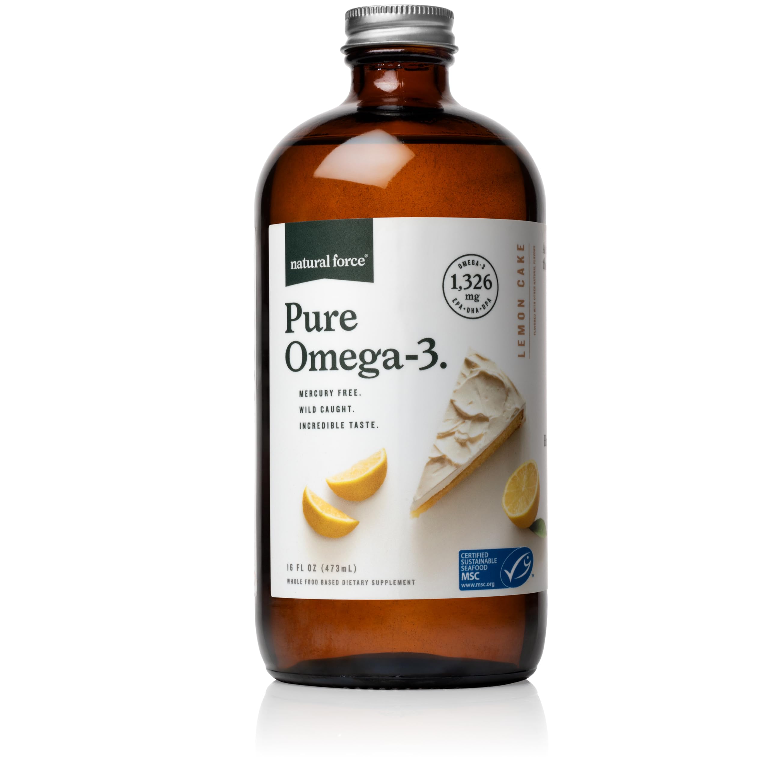 Natural Force Pure Omega-3 lemon flavor bottle showing easy daily dosing.