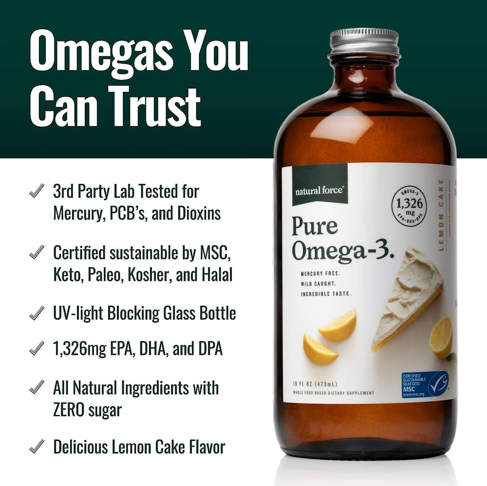 Natural Force Pure Omega-3 lemon cake spoon-dispense highlights convenient dosing.