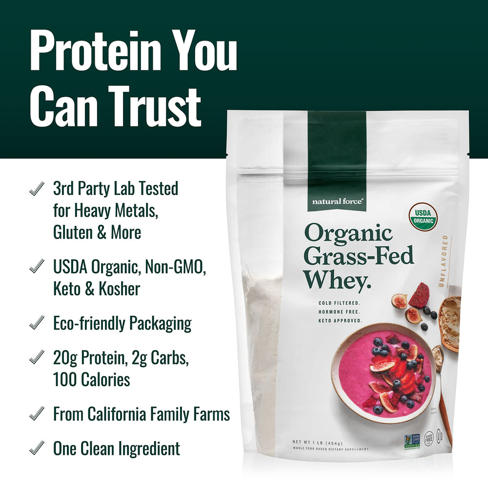 Natural Force whey powder poured into a shaker for post-workout drinks.