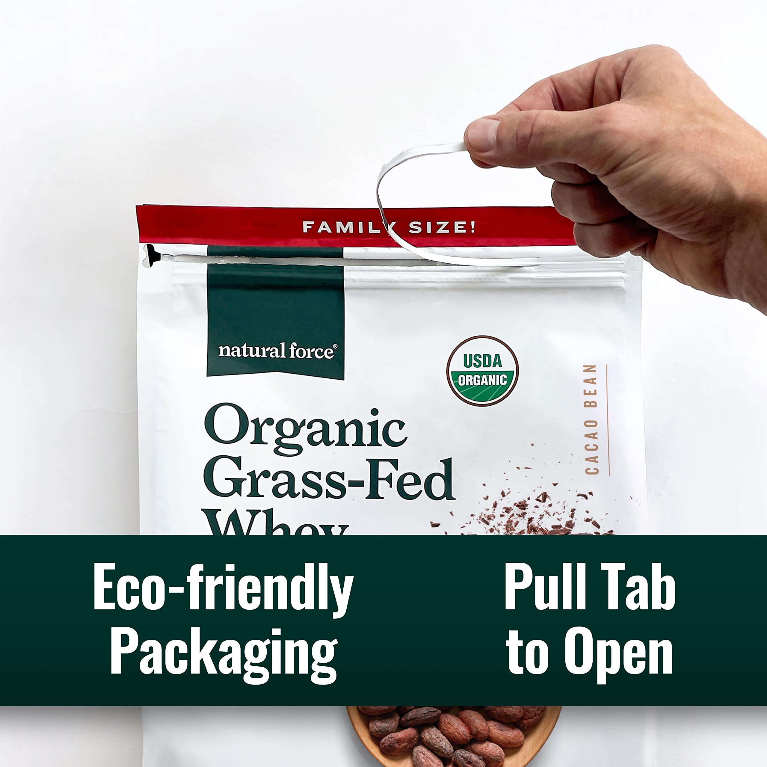 Eco-friendly packaging of Natural Force whey powder with recyclable pouch