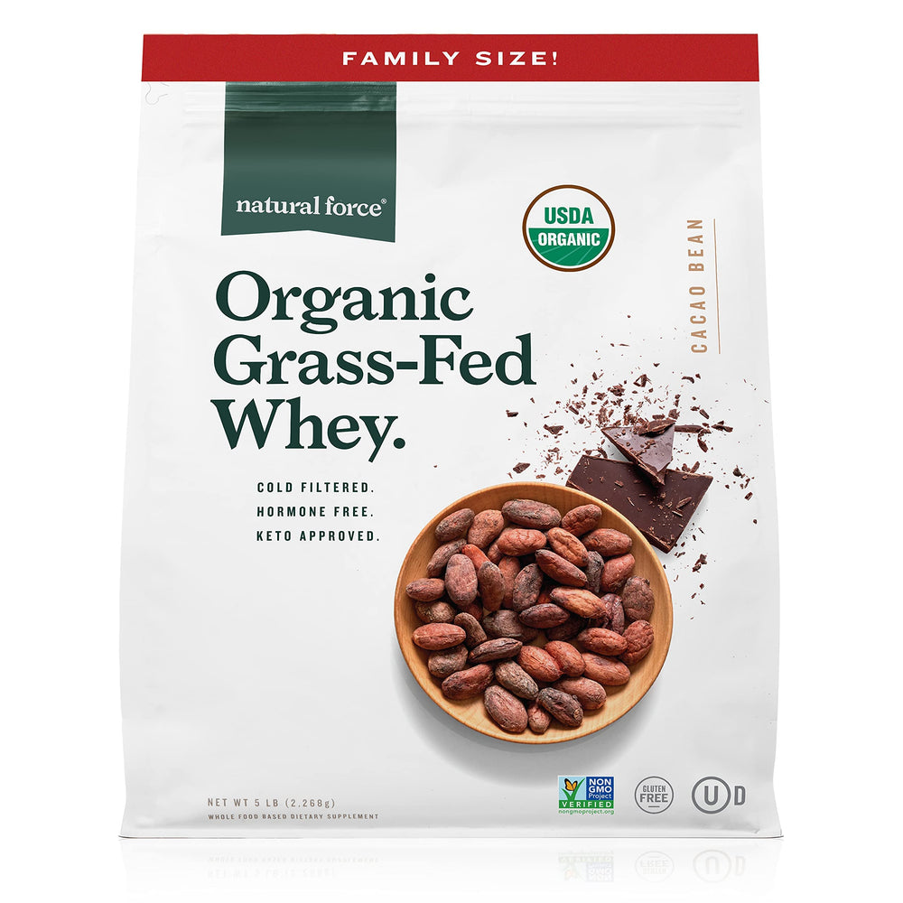 Natural Force Whey Protein Chocolate 5 lb front label highlighting keto-friendly organic formula