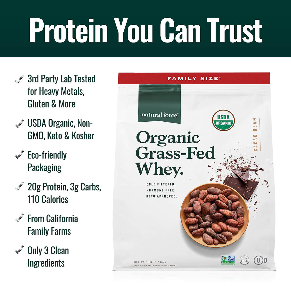 Natural Force Whey Protein Chocolate 5 lb scoop in bowl ready to blend
