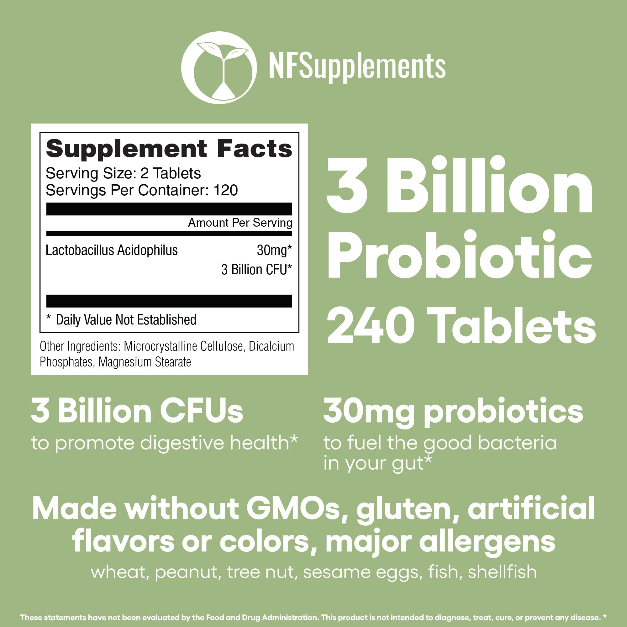 Natural Foundation Lactobacillus Acidophilus bottle featuring third-party testing seal.
