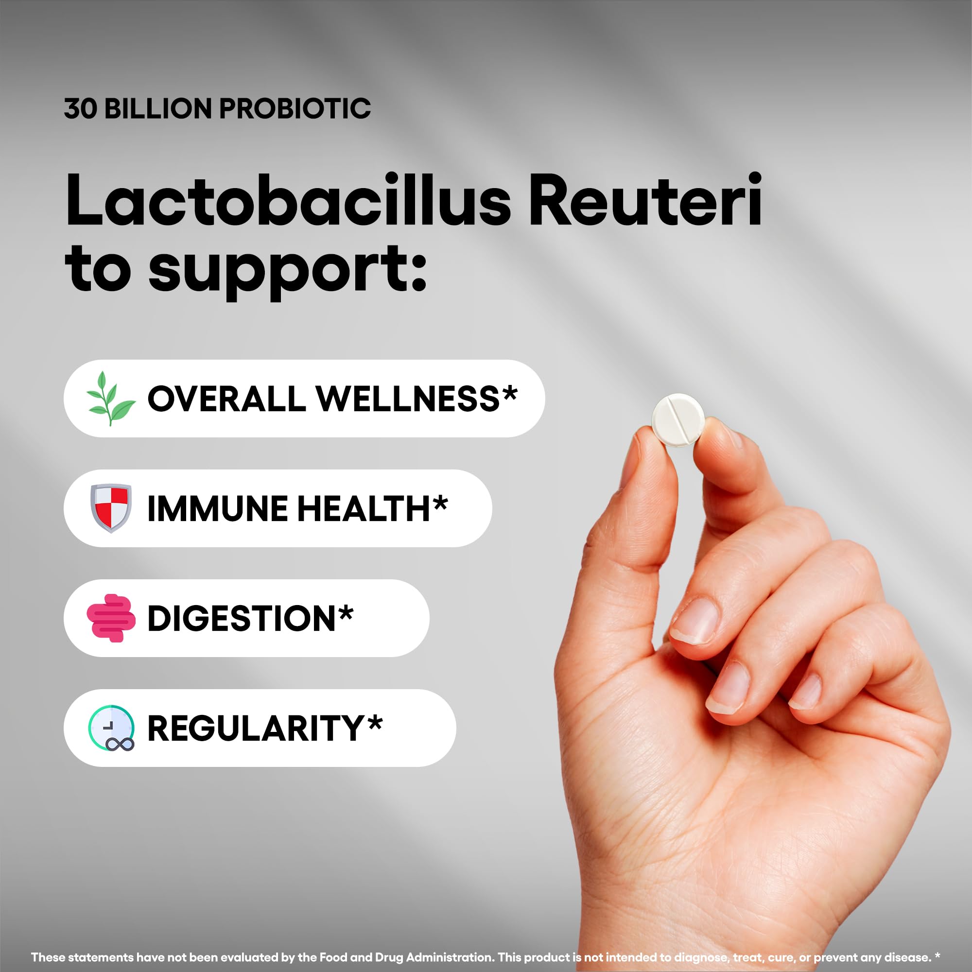 Natural Foundation Lactobacillus Reuteri tablets close-up displaying 30B CFU potency for daily use