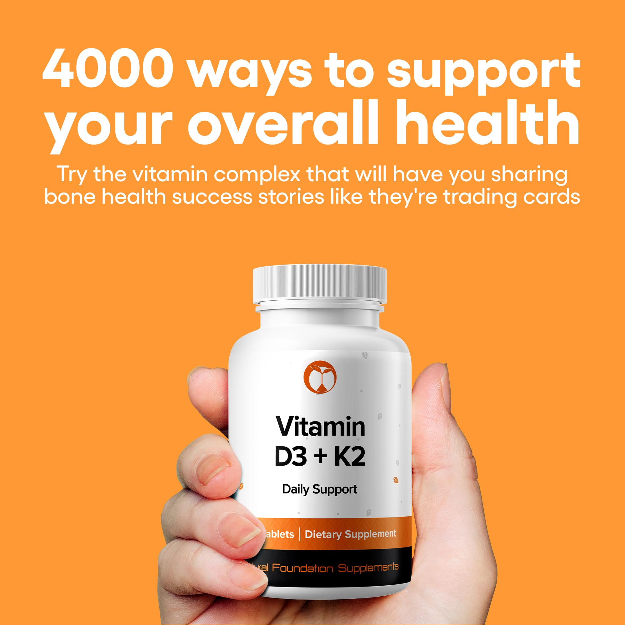Close-up of D3+K2 tablets illustrating non-GMO and vegetarian formulation.