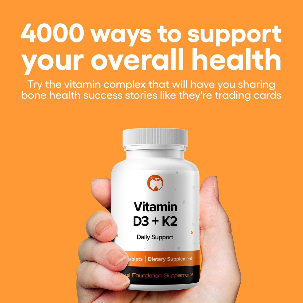 Close-up of D3+K2 tablets illustrating non-GMO and vegetarian formulation.
