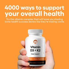 Close-up of D3+K2 tablets illustrating non-GMO and vegetarian formulation.