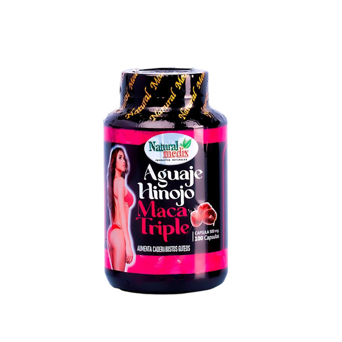 Natural Medix Aguaje Hinojo Maca Triple bottle front, signaling a premium hormonal-balancing supplement.