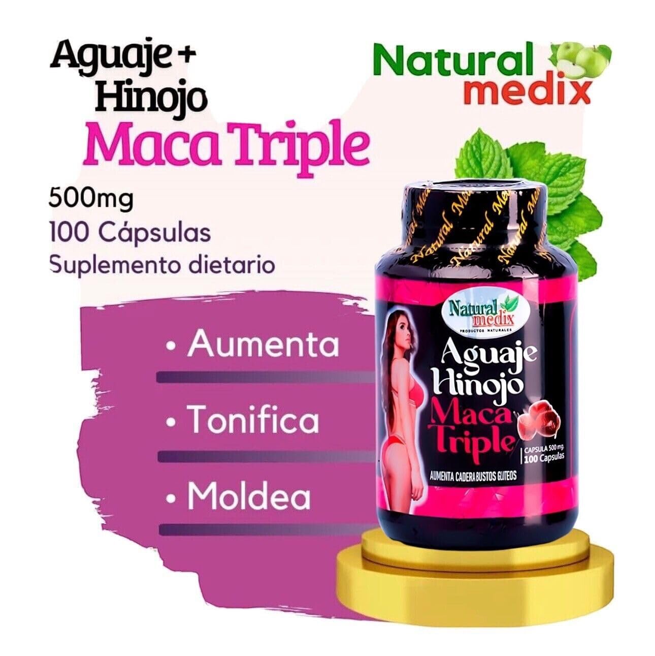 Natural Medix Aguaje Hinojo Maca Triple packaging highlighting convenience for daily use.