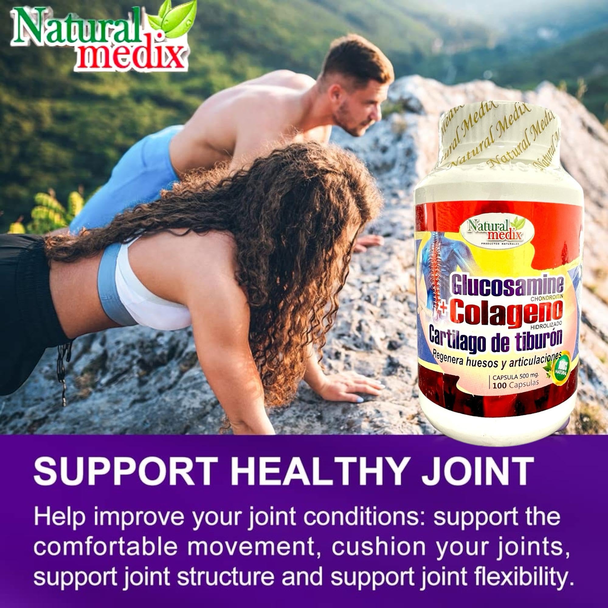 Natural Medix ingredients list with glucosamine, chondroitin, collagen, and shark cartilage