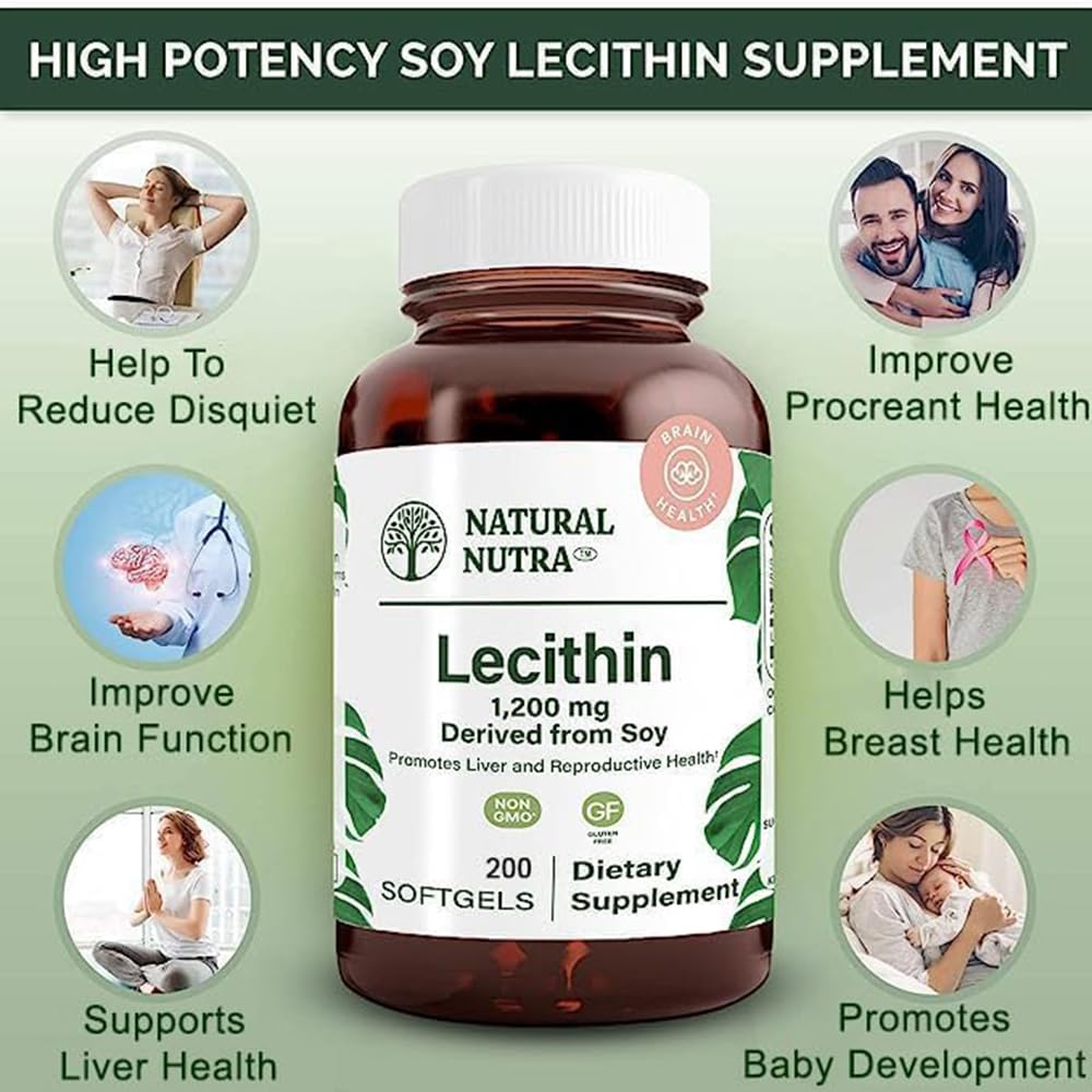 Natural Nutra Soy Lecithin bottle close-up shows gluten-free formulation.