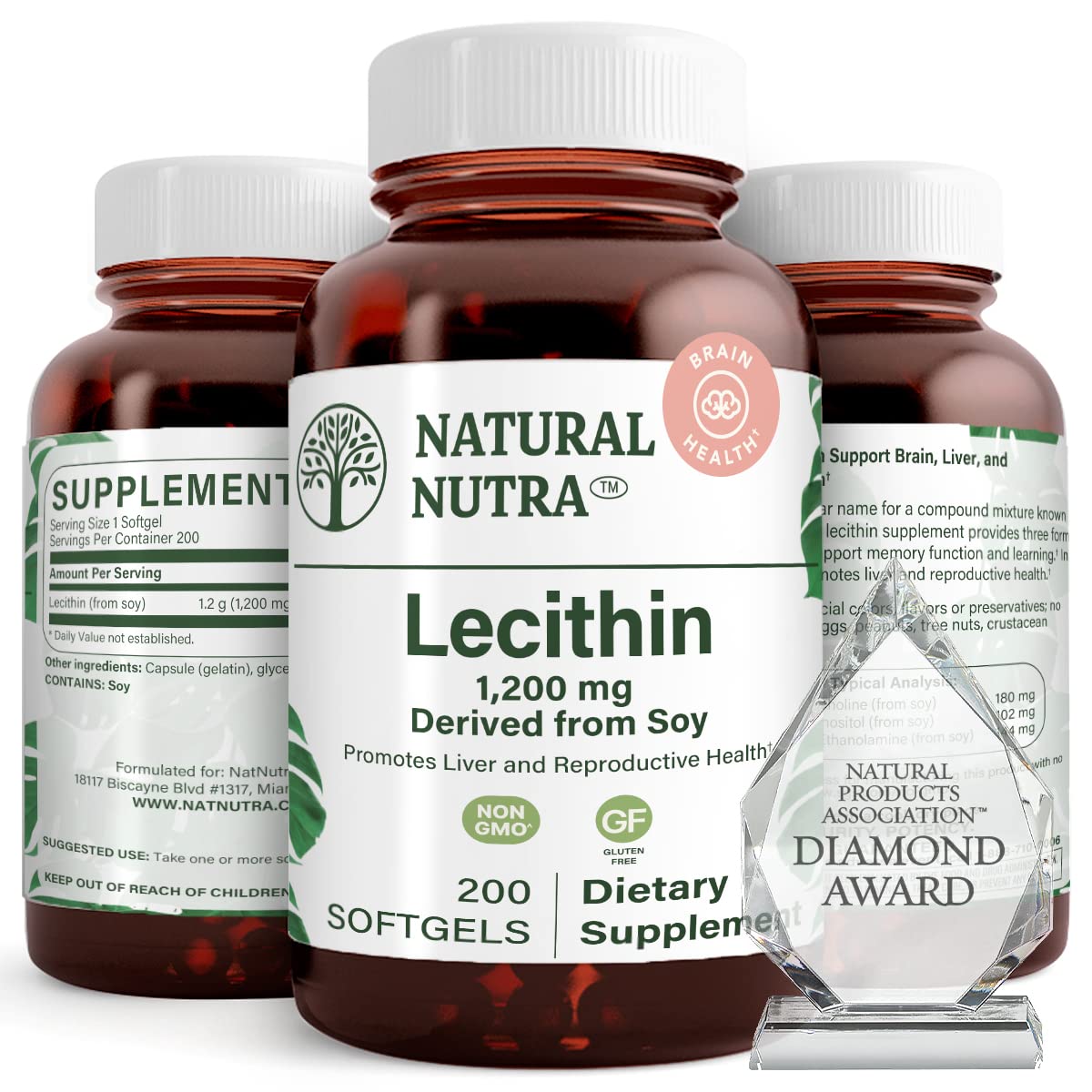 Natural Nutra Soy Lecithin softgels bottle on counter promotes brain function.