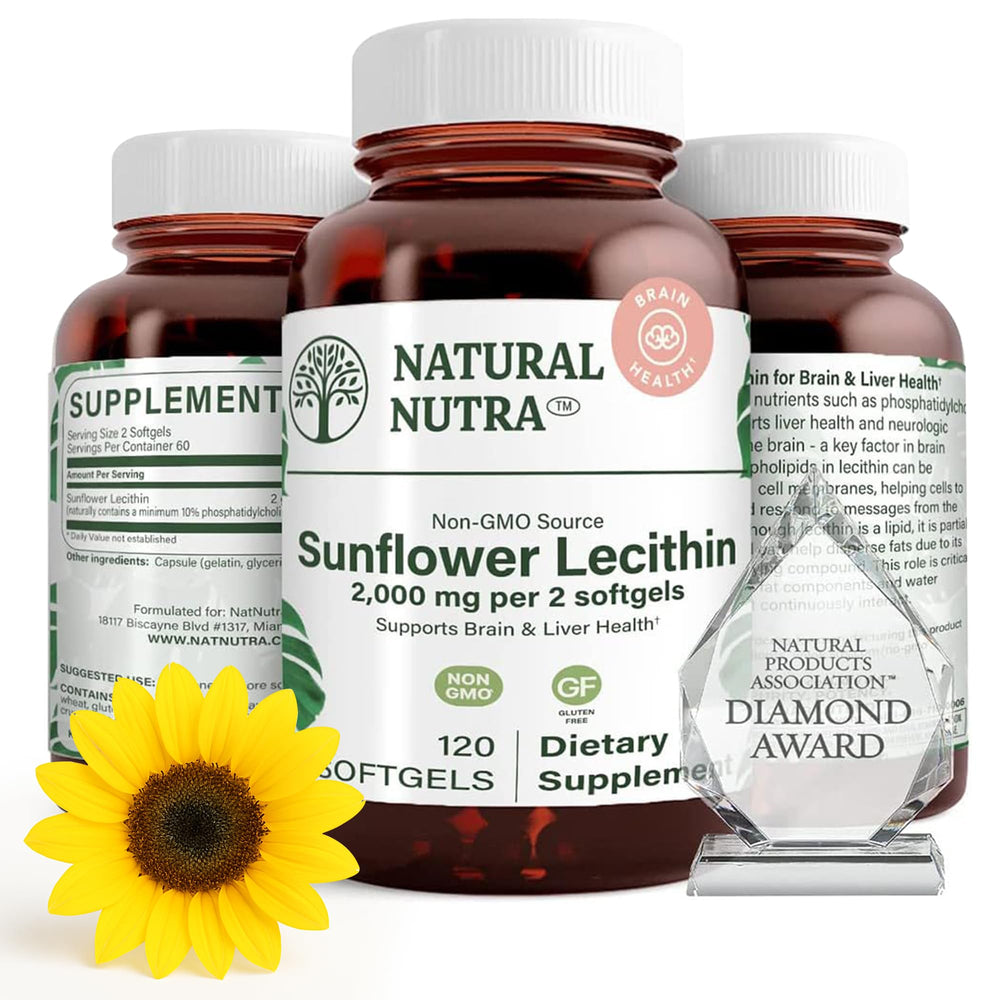 Natural Nutra sunflower lecithin softgel bottle on countertop; implies brain and liver support