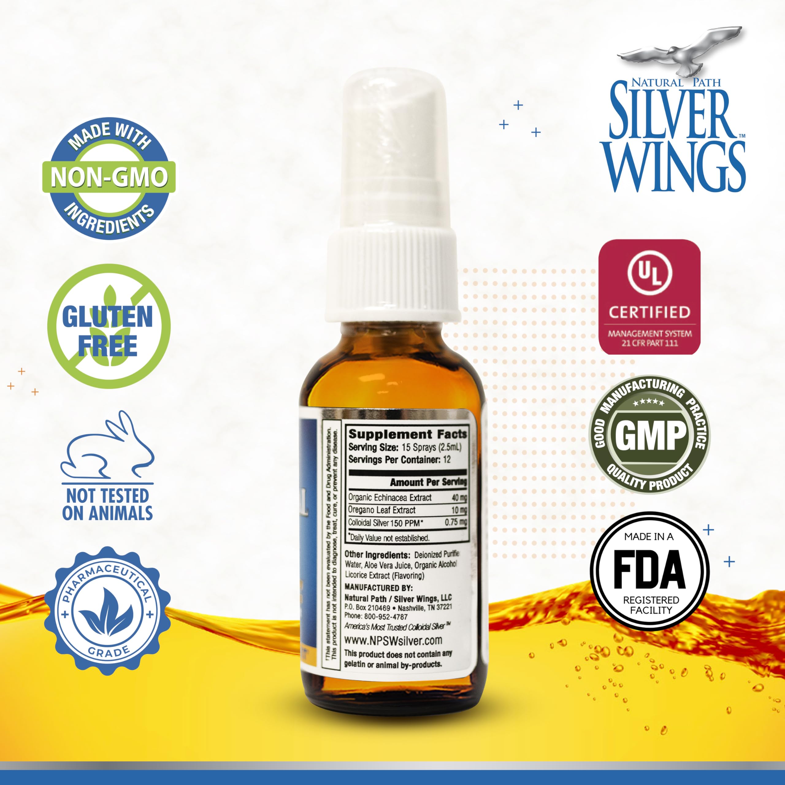 Natural Path Silver Wings amber glass bottle label highlighting purity and ingredients