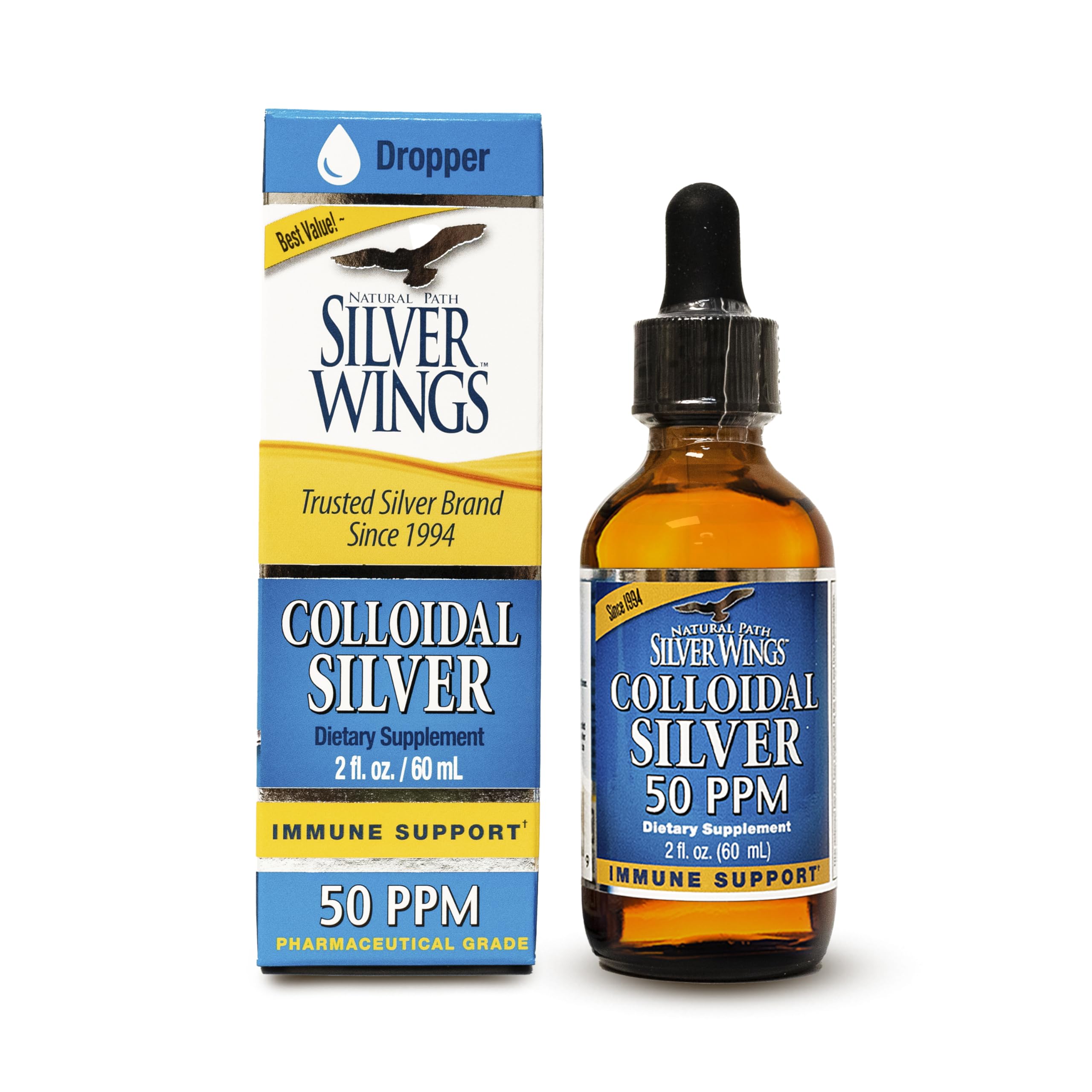 Natural Path Silver Wings colloidal silver bottle close-up with dropper