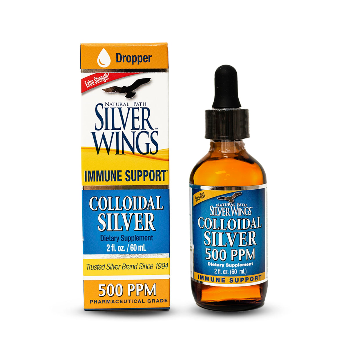 Natural Path Silver Wings colloidal silver bottle in amber glass signaling purity