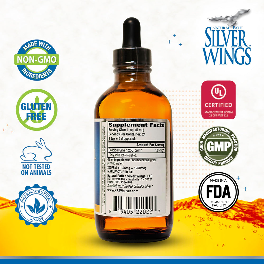 Natural Path Silver Wings dropper dispensing precise colloidal silver dose.