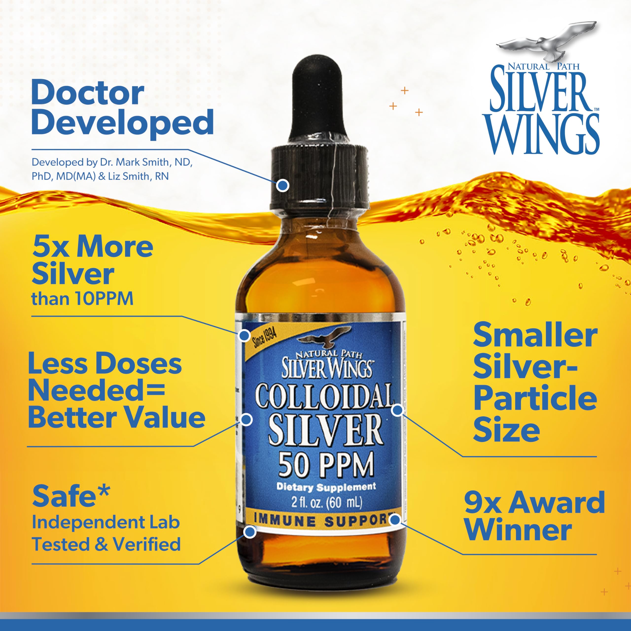 Dropper pours silver solution from Natural Path Silver Wings