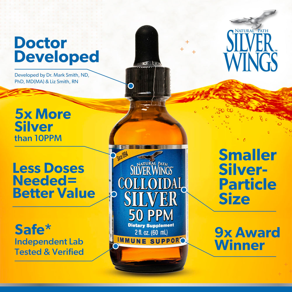 Dropper pours silver solution from Natural Path Silver Wings