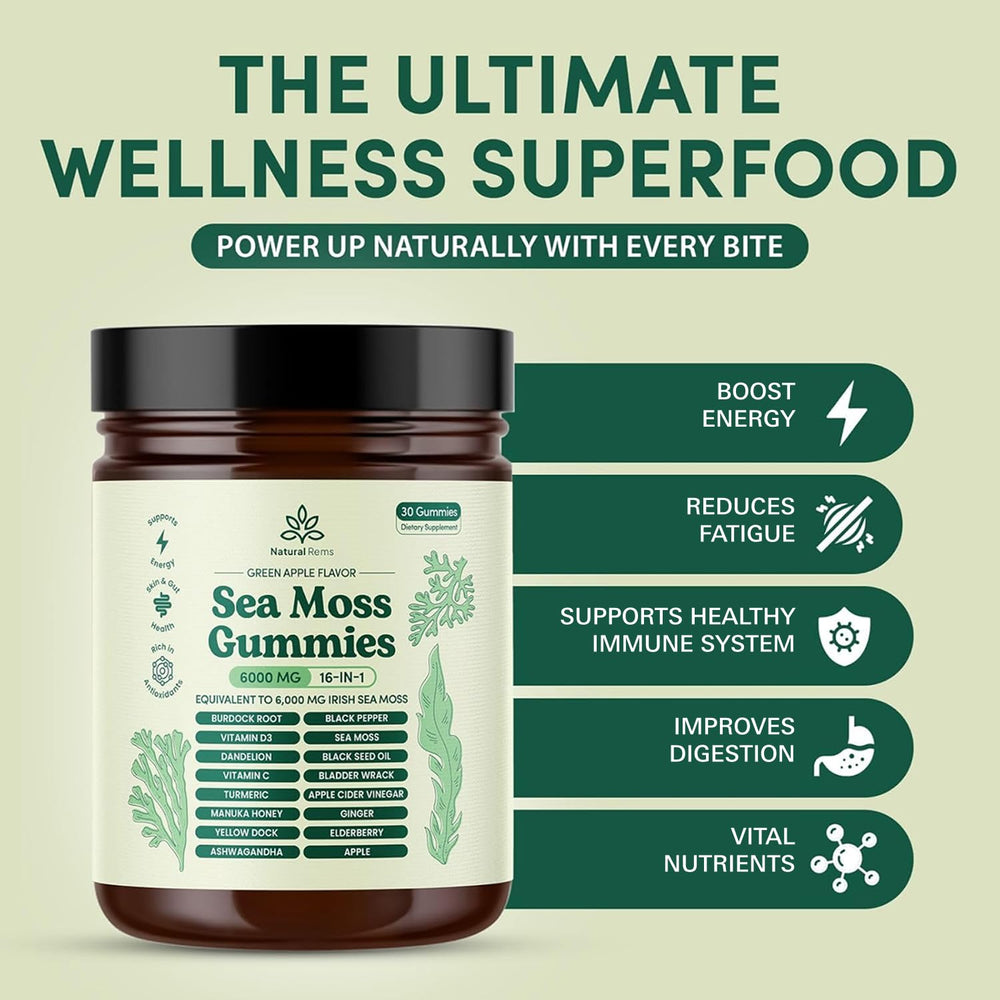 Natural Rems Sea Moss Gummies green apple flavor for tasty daily take.