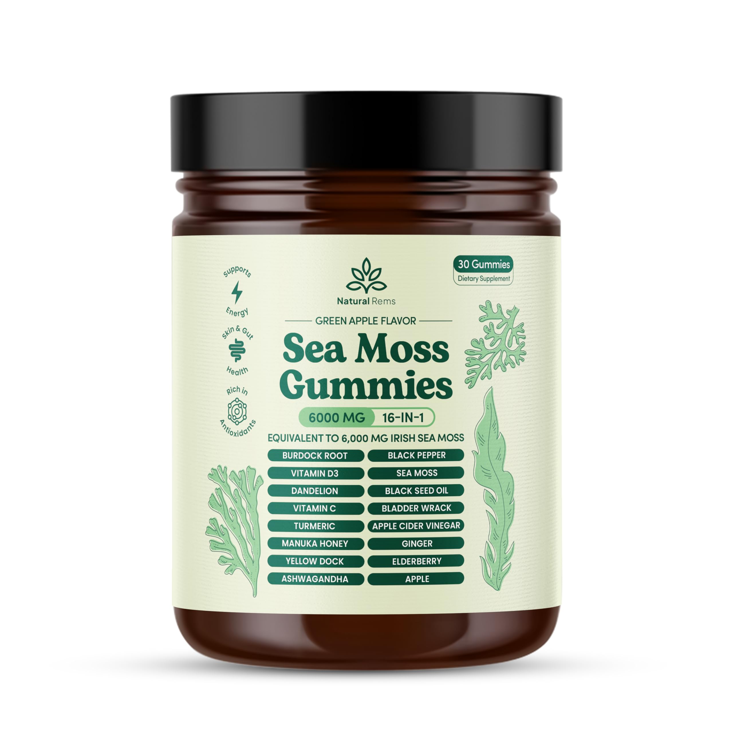Natural Rems Sea Moss Gummies bottle for daily wellness support.