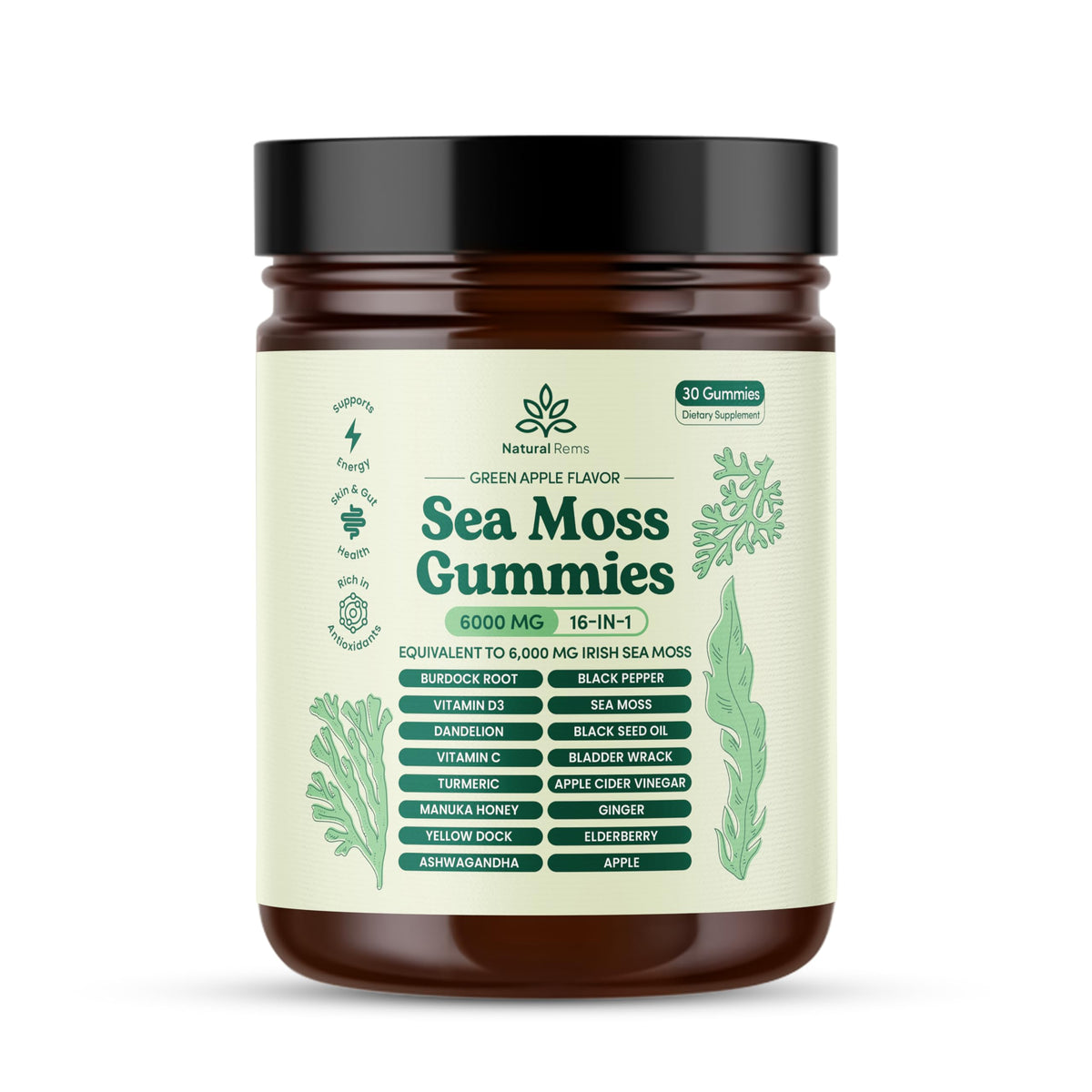 Natural Rems Sea Moss Gummies bottle for daily wellness support.