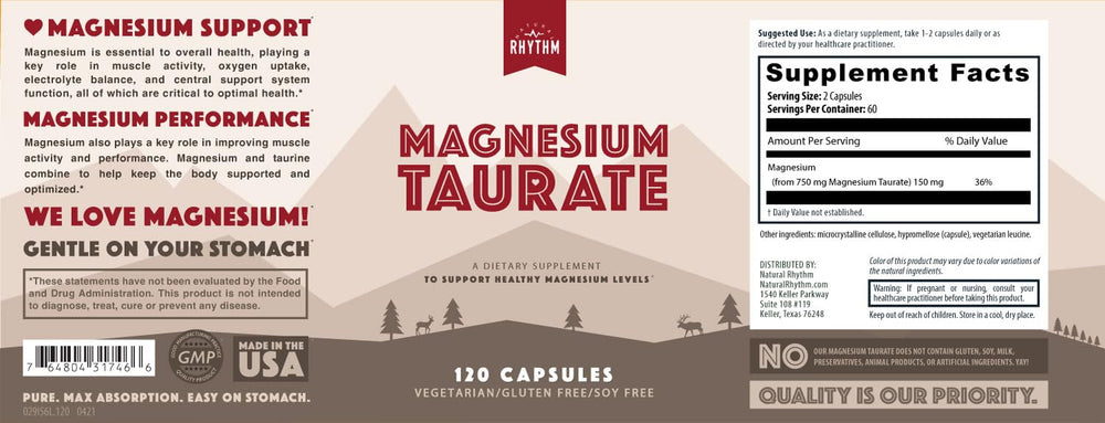 Ingredient panel of Natural Rhythm Magnesium Taurate highlighting formulation for absorption.