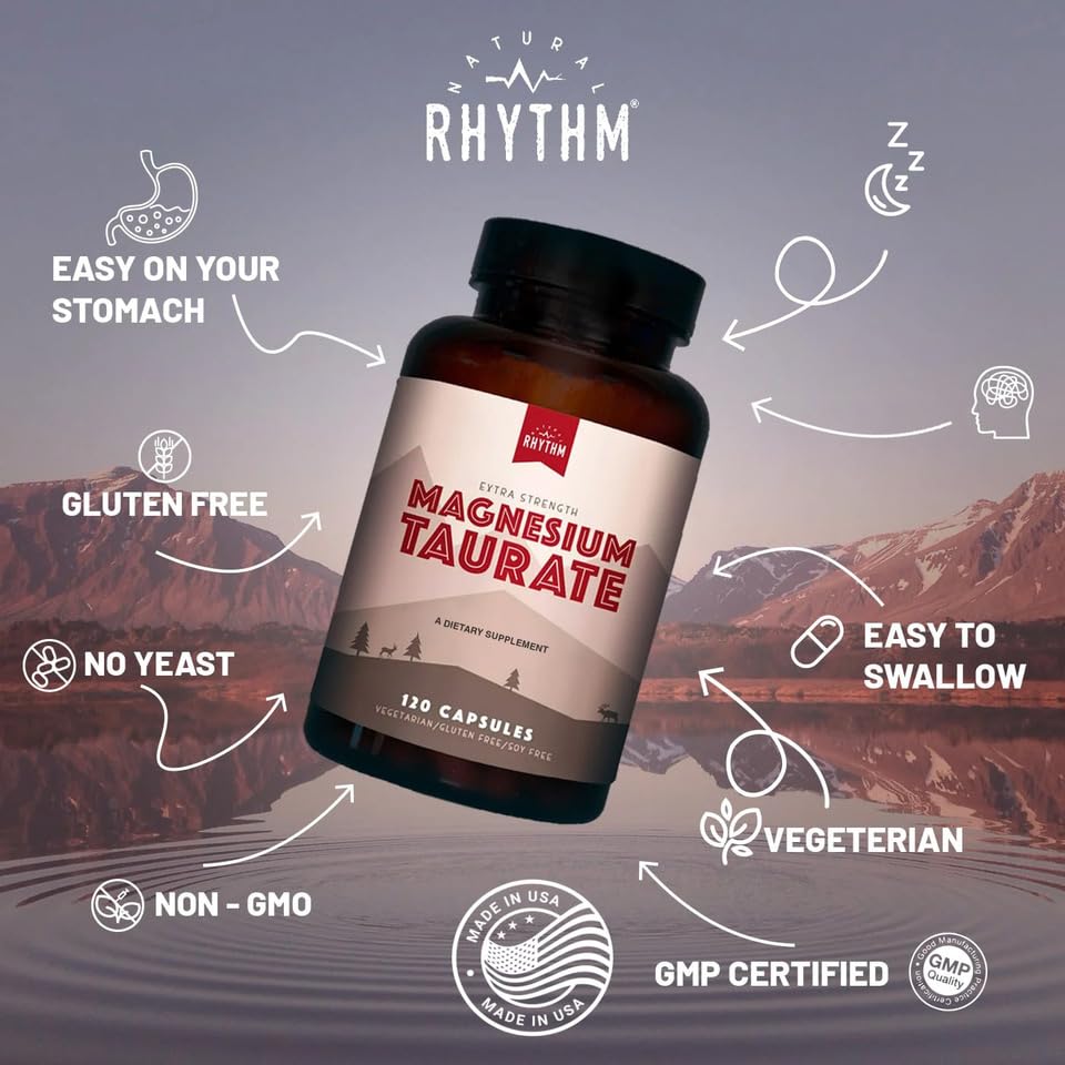 Close-up of the Natural Rhythm Magnesium Taurate label showing purity.