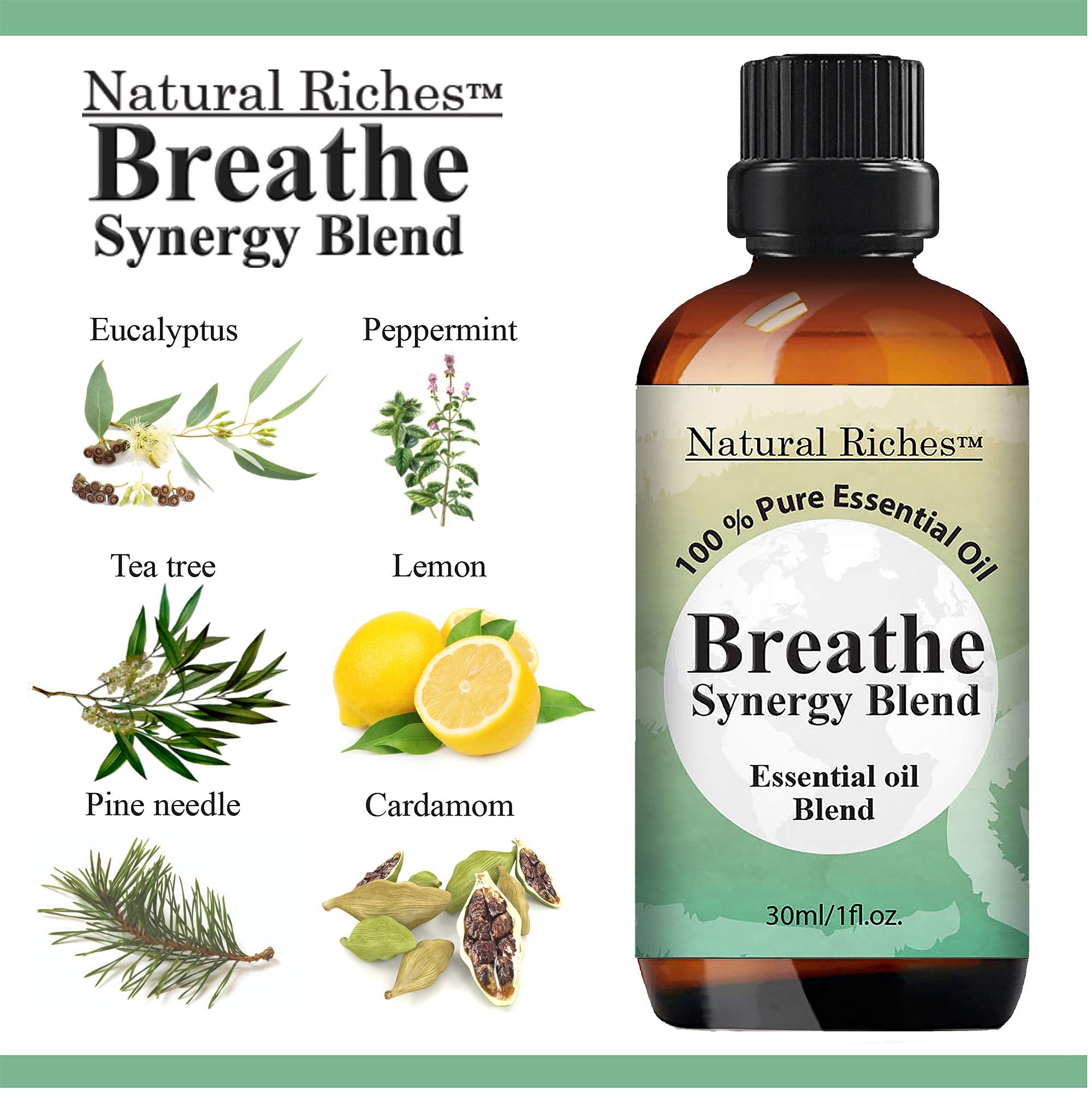 Natural Riches Breathe label close-up highlights natural ingredients for aromatherapy.