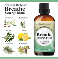Natural Riches Breathe label close-up highlights natural ingredients for aromatherapy.