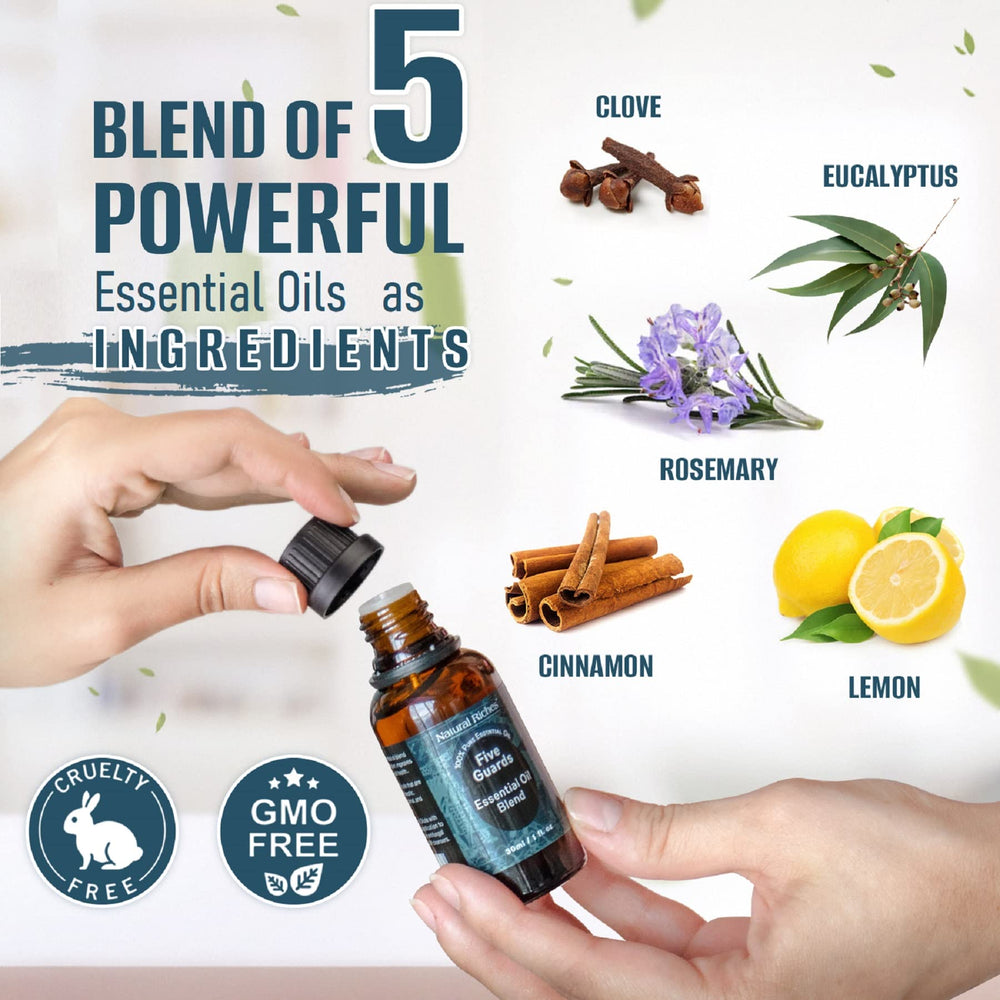 Natural Riches Five Guards collection displayed for home aromatherapy harmony.