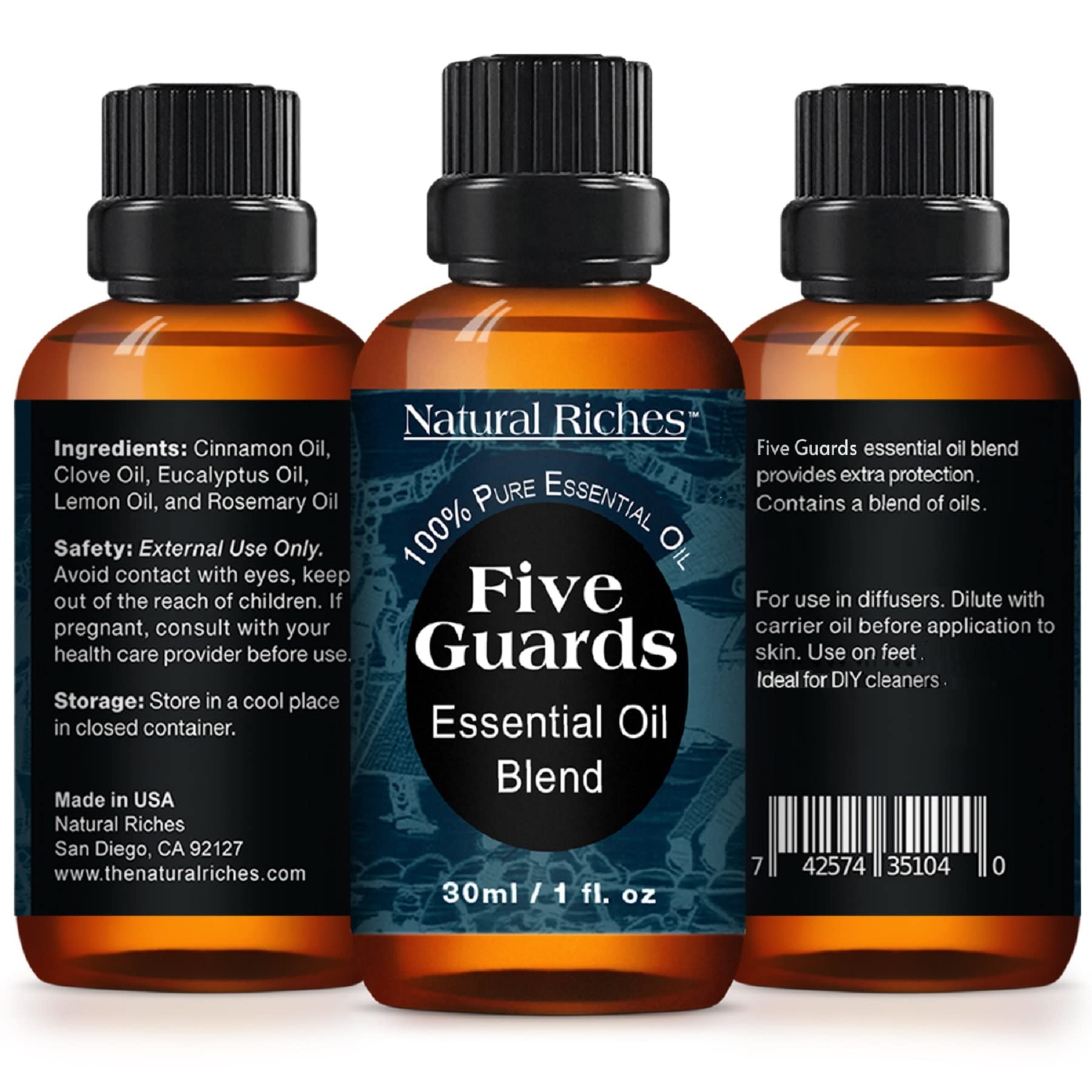Close-up of Natural Riches Five Guards label on the bottle.