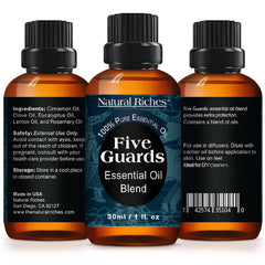 Close-up of Natural Riches Five Guards label on the bottle.