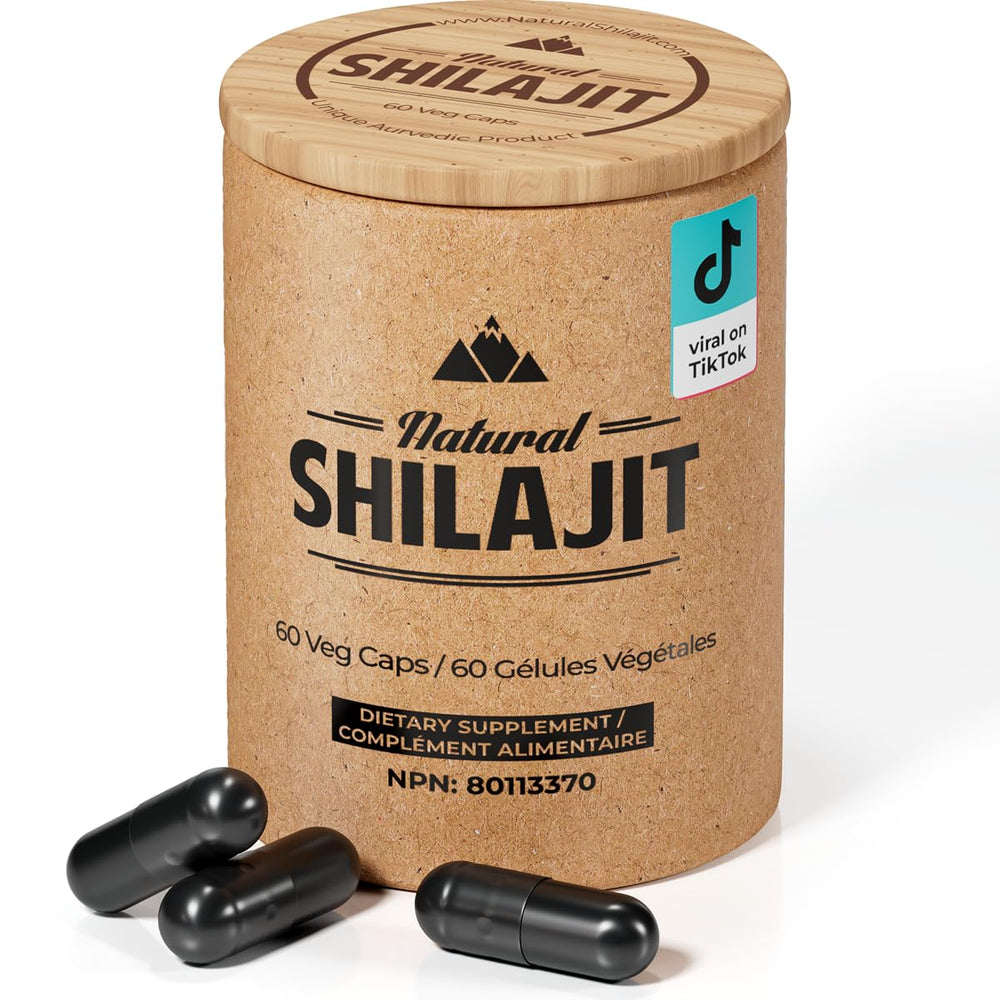 Natural Shilajit capsules bottle highlighting energy and vitality.
