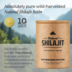 Natural Shilajit capsules with fulvic acid emphasizing endurance and mineral support.