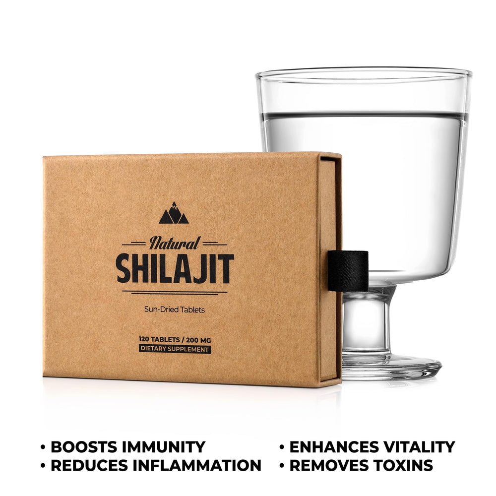 Natural Shilajit tablets GMP-certified purity badge shown.
