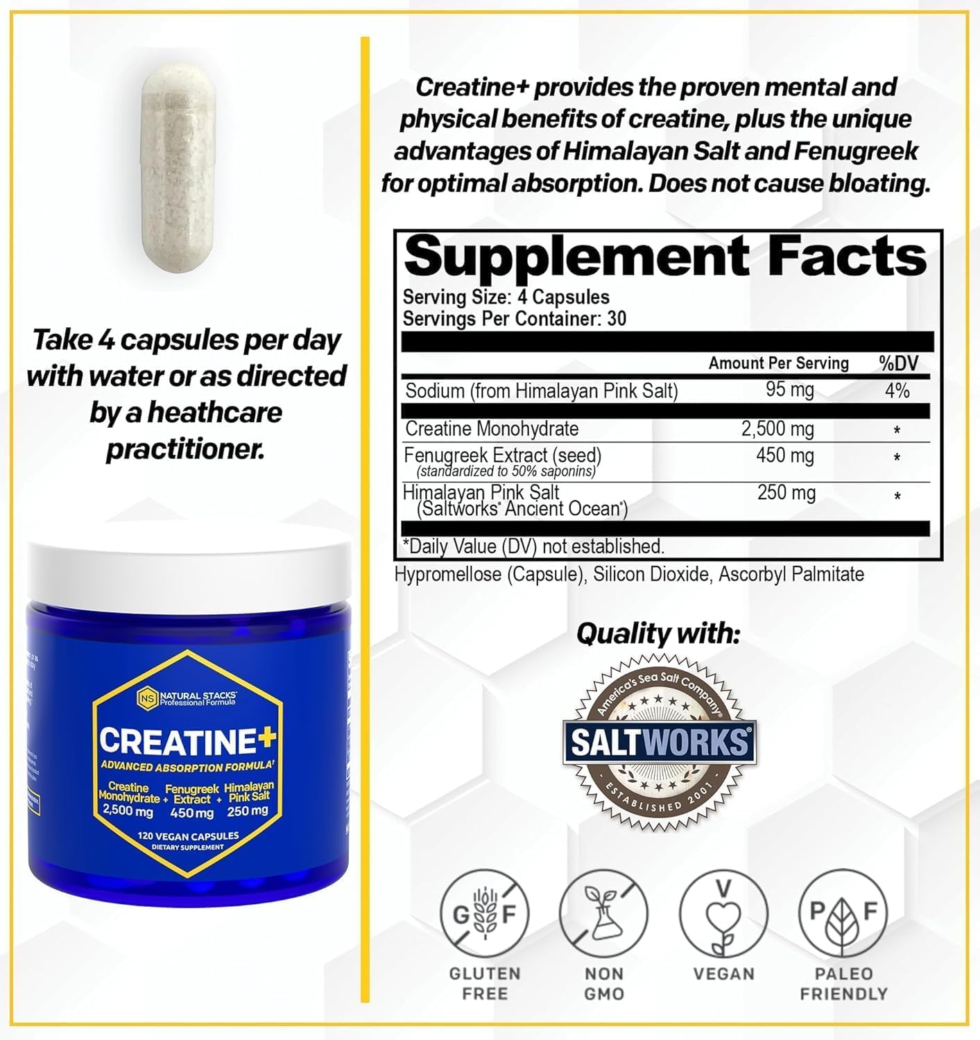 Natural Stacks Creatine Monohydrate capsules ready for daily use, supporting muscle endurance.