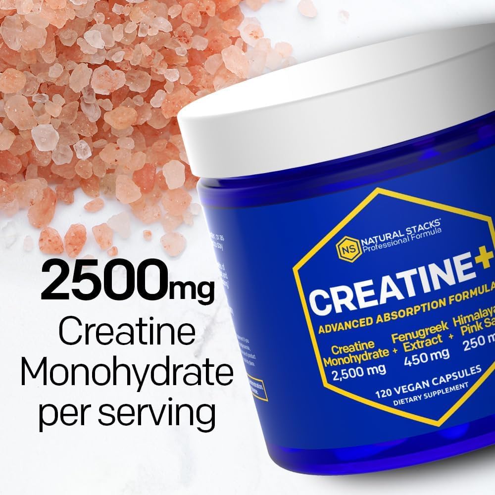 Natural Stacks Creatine Monohydrate capsules being poured for easy dosing.
