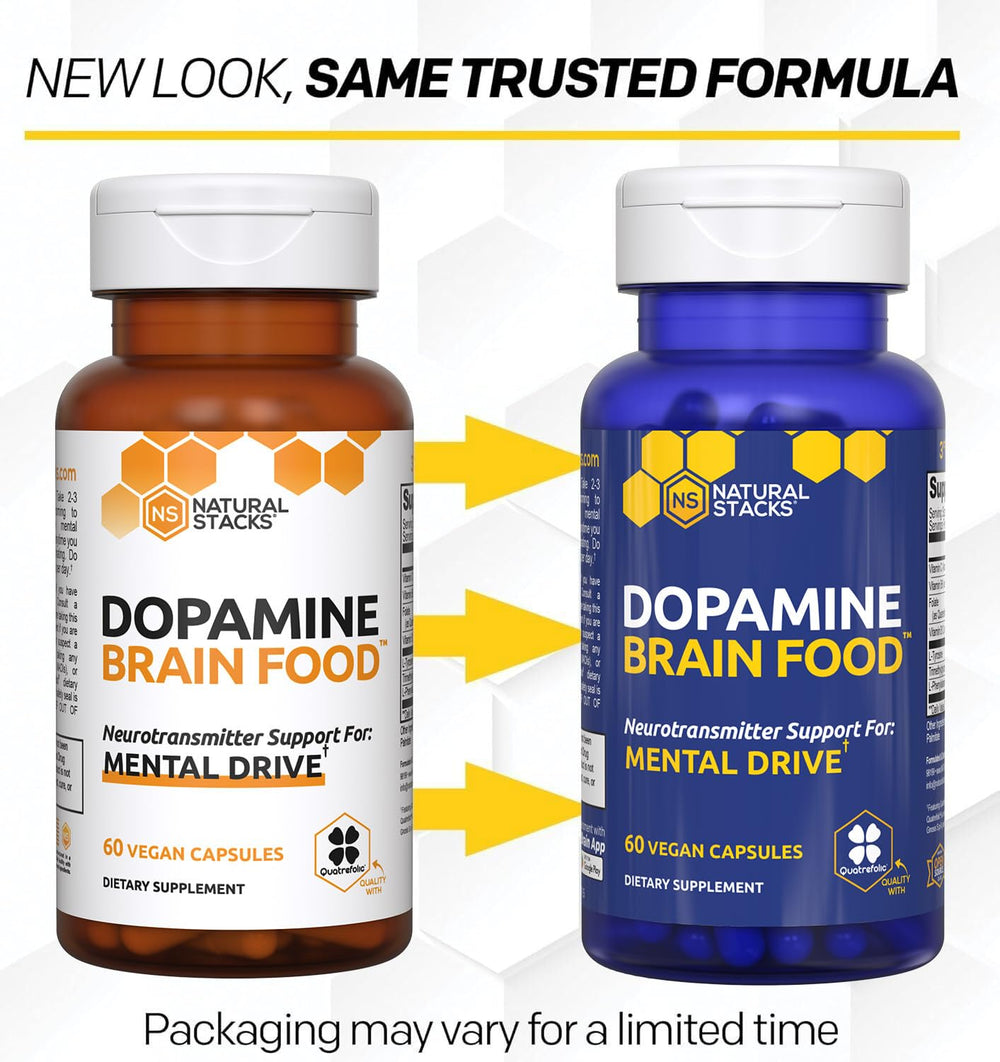 Natural Stacks Dopamine Brain Food capsules closeup highlights 650 mg L-Tyrosine for focus.