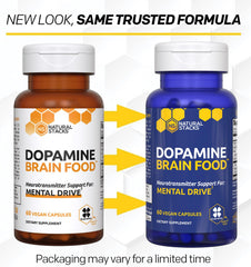 Natural Stacks Dopamine Brain Food capsules closeup highlights 650 mg L-Tyrosine for focus.