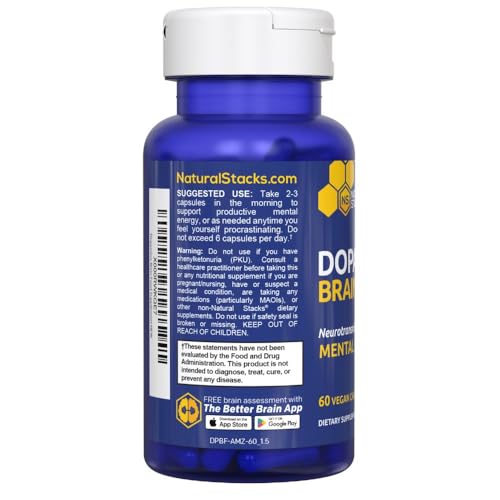 Natural Stacks Dopamine Brain Food cap and label closeup with clean design.