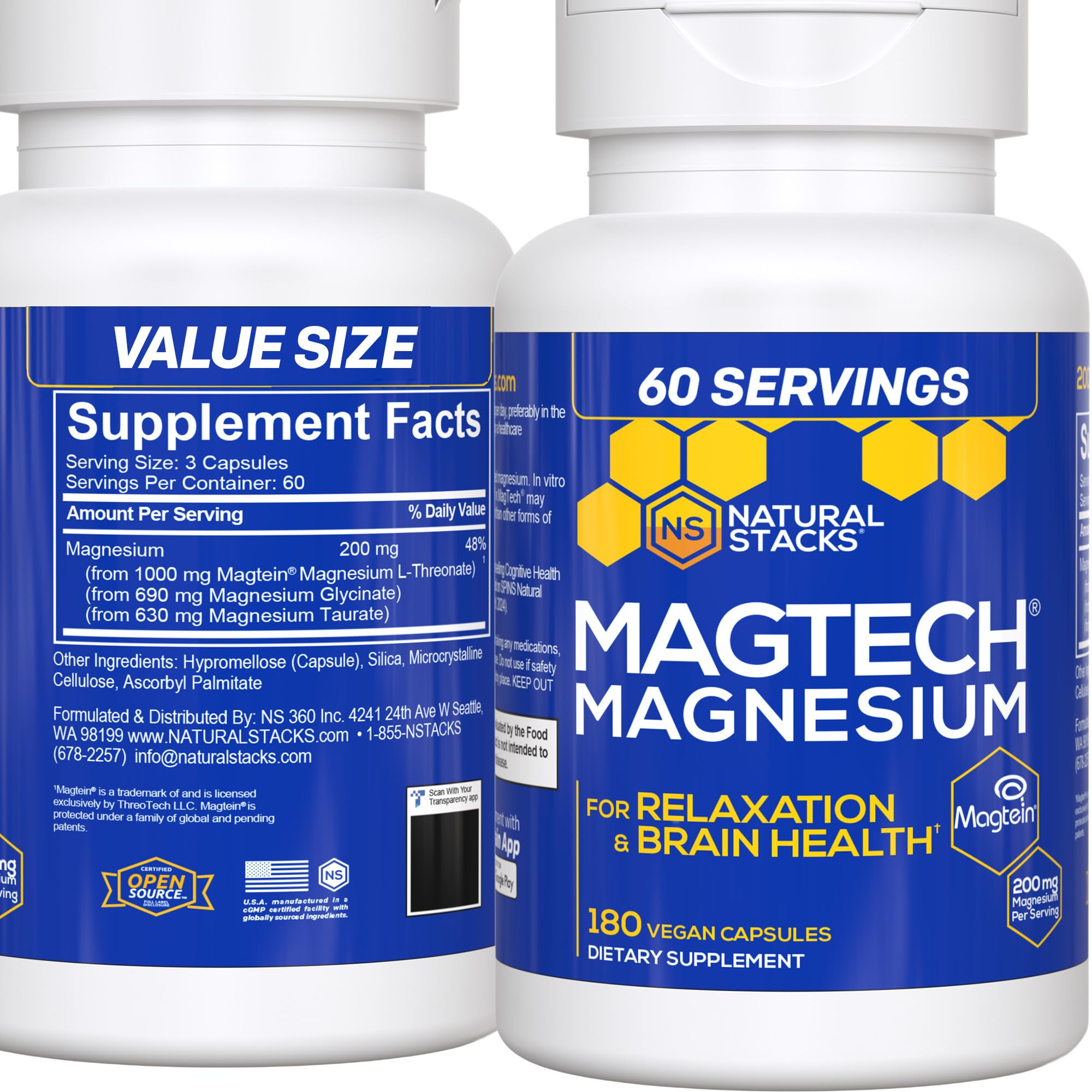 Natural Stacks MagTech bottle front view, daily magnesium supplement for cognitive support.