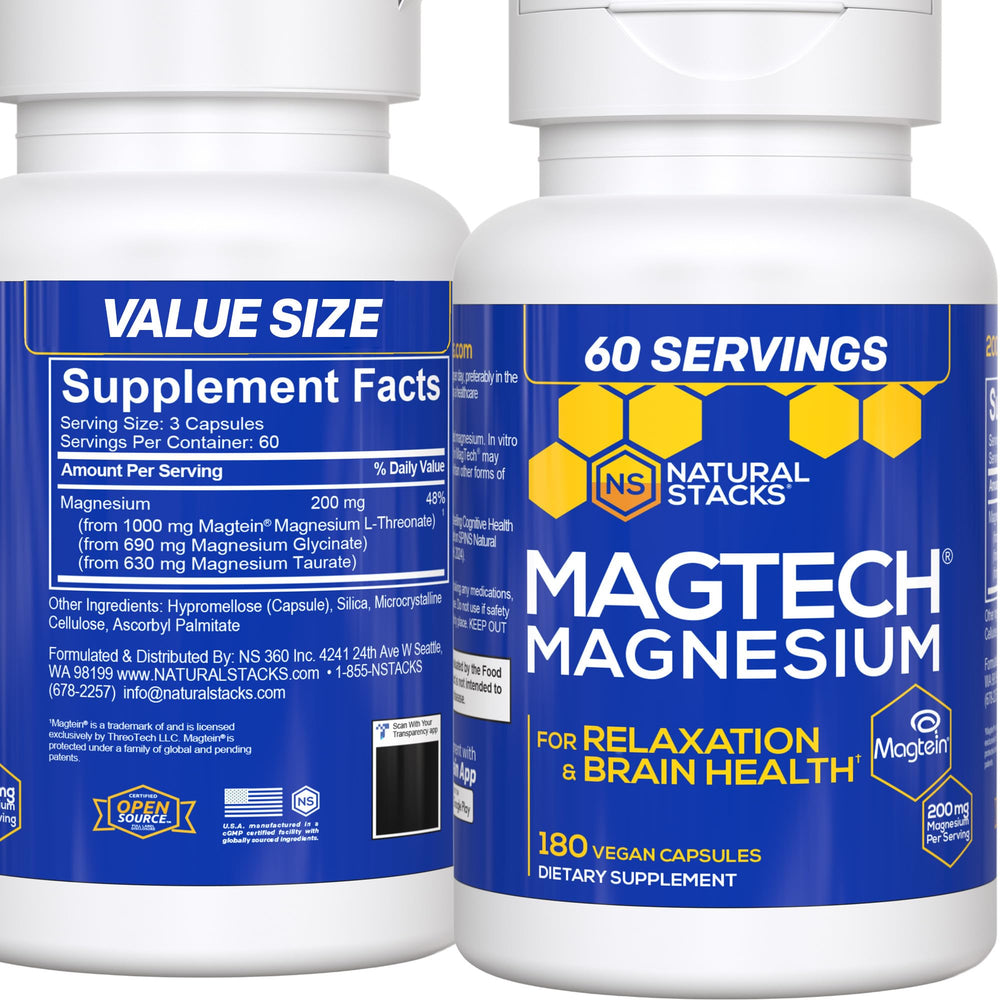 Natural Stacks MagTech bottle front view, daily magnesium supplement for cognitive support.
