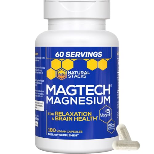 Natural Stacks MagTech capsules closeup showing three magnesium forms for sleep and brain health.