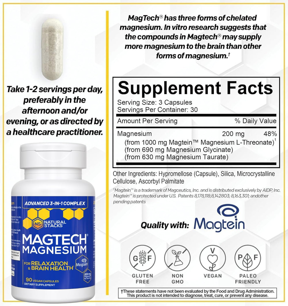 MagTech capsules closeup highlights 200 mg magnesium and three-forms blend.