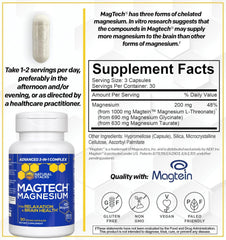 MagTech capsules closeup highlights 200 mg magnesium and three-forms blend.
