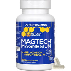 Natural Stacks MagTech capsules closeup showing three magnesium forms for sleep and brain health.