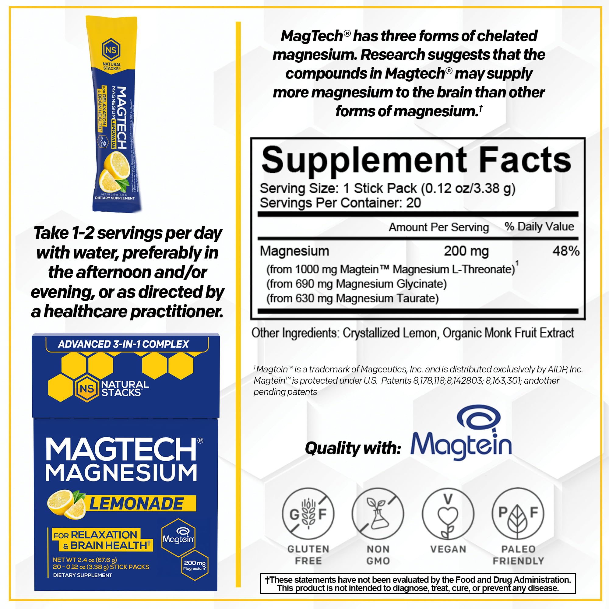 NATURAL STACKS MagTech glycinate form supports gentle daily relaxation and recovery.