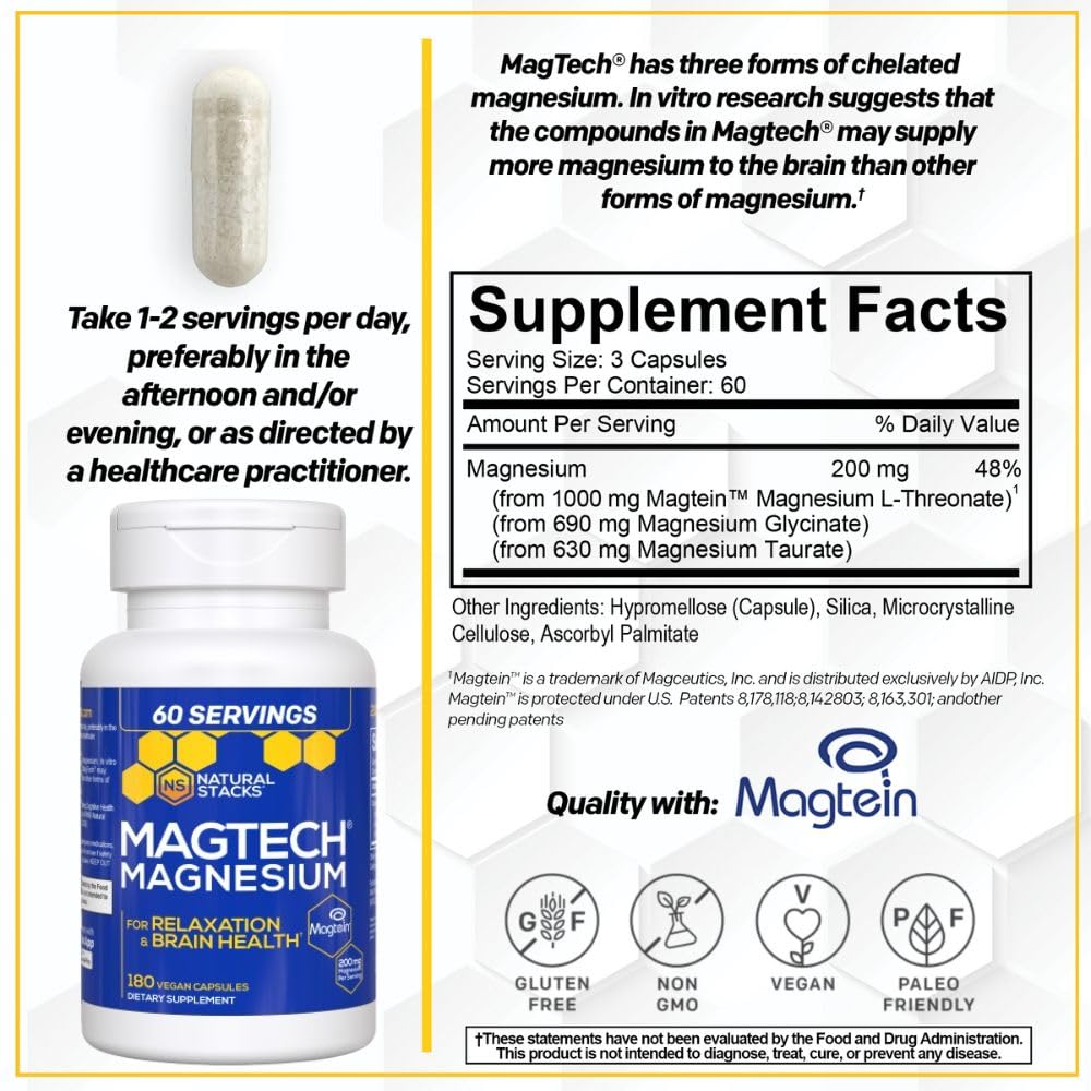 Natural Stacks MagTech three-forms illustration with Magtein, glycinate, and taurate in one capsule.