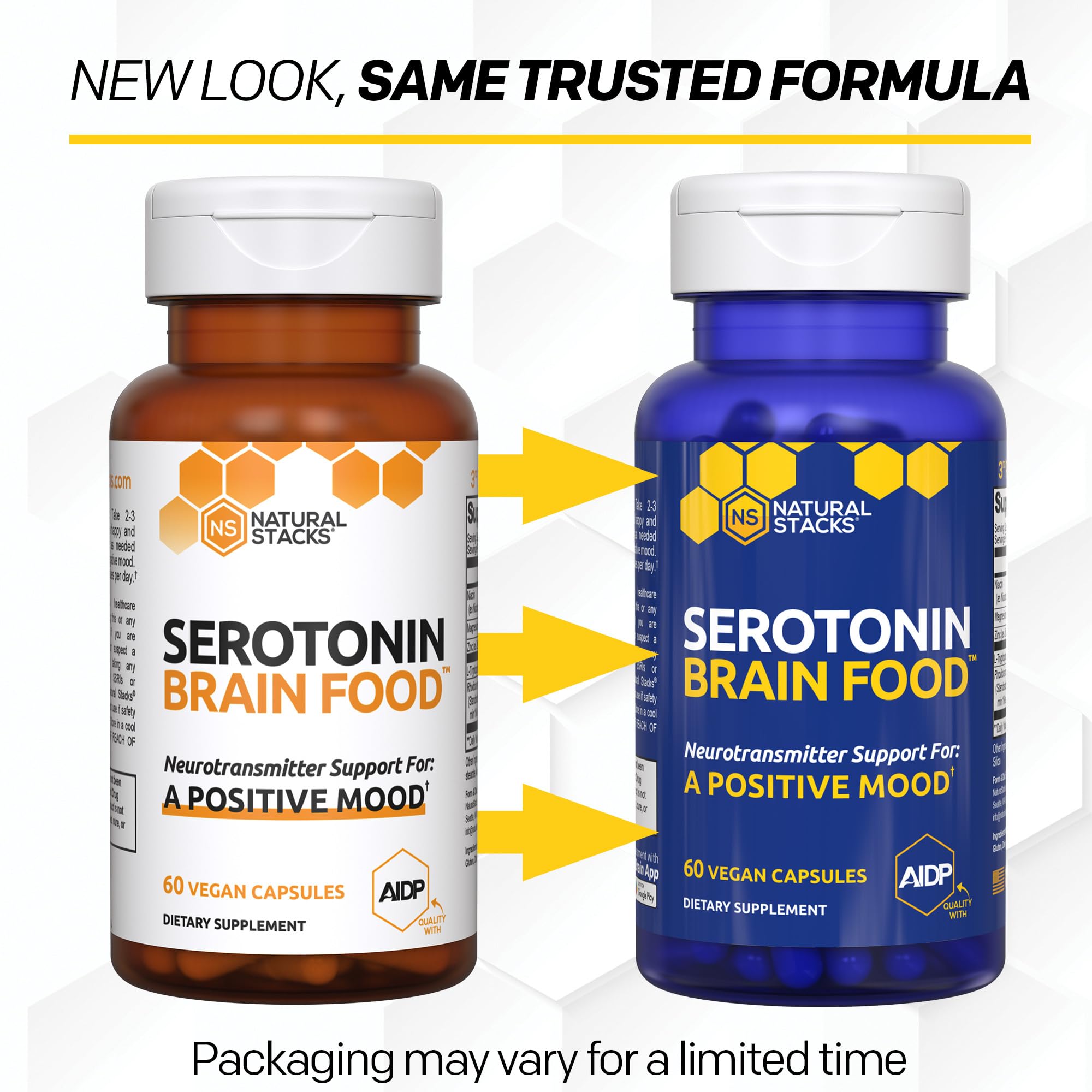 Natural Stacks Serotonin Brain Food bottle and glass visual conveys a calm daily routine.
